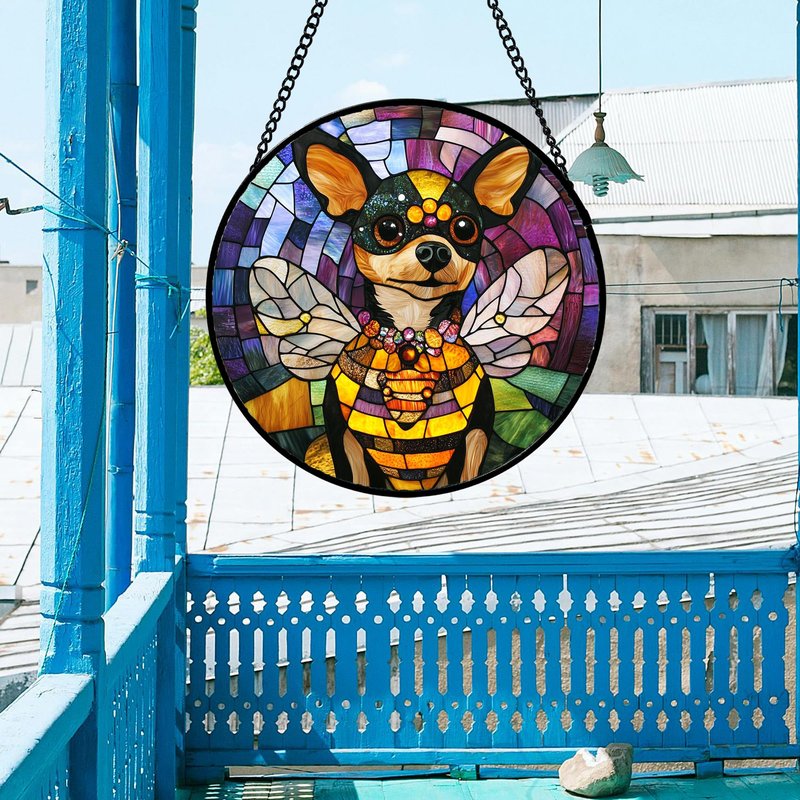QZQCBLC Stained Glass Window Hanging Cute Bee Dog 6.3" - Black Yellow Suncatcher Door Terrace Garden Sun Catcher Home Decor Birthday Christmas for Mom Men Woman Wife Friend