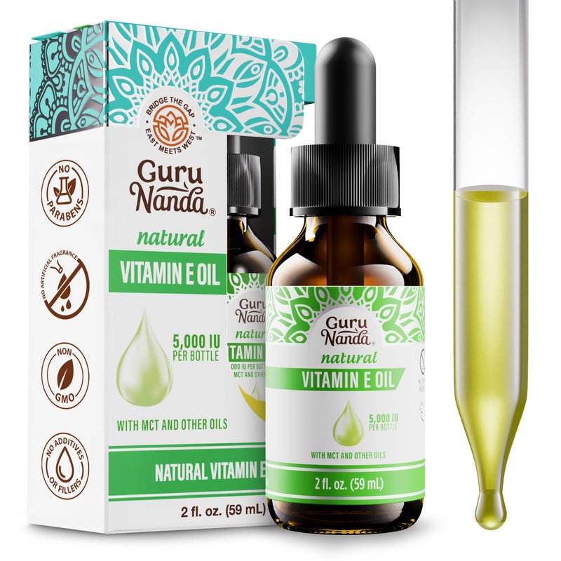 GuruNanda Pure & Natural Vitamin E Oil for Skin, Face, & Nails, 5,000 IU with D-Alpha Tocopherol & MCT Oil to Help Enhance Absorption, Non-GMO & Vegan, 2 FlOz
