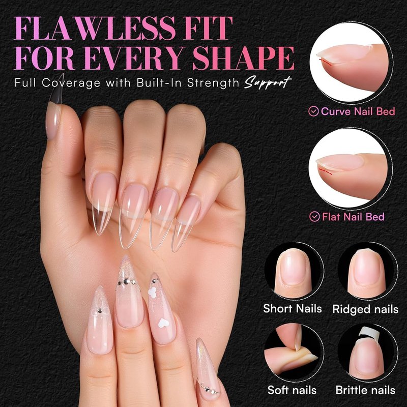 Medium Stiletto Almond Nail Tips - 504 PCS Pre-Etched Clear False Nails | 15 Sizes Full Cover Soft Acrylic Extensions