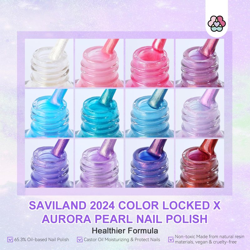 SAVILAND Pearl Nail Polish Set: Shimmer Glitter Aurora Quick Air Dry Nail Polish White Pink Purple Mermaid 12 Colors with Base and Nail Top Coat Manicure Salon DIY At Home Gift