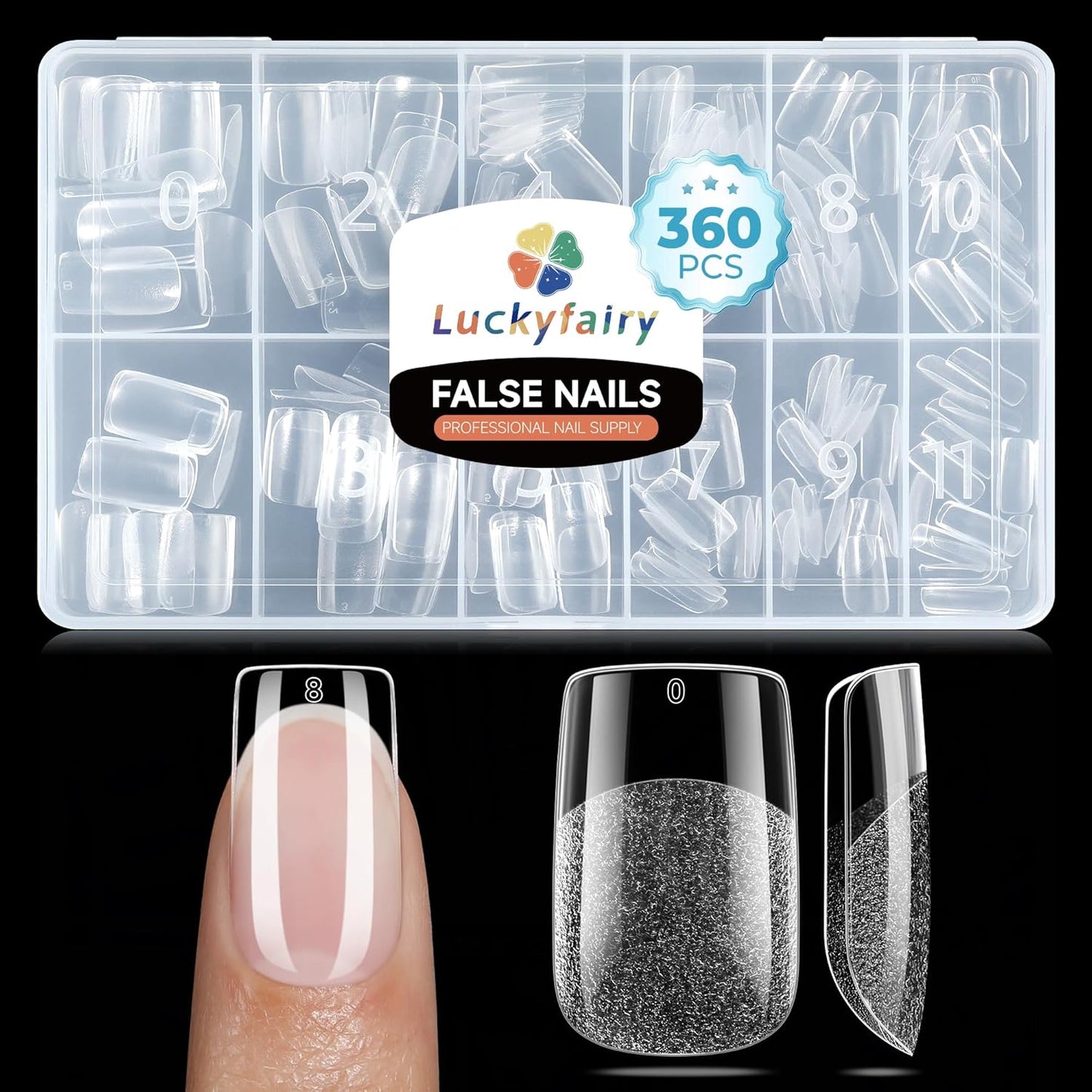 Skiennix Short Square Nail Tips - 360Pcs Full Cover Press-On Acrylic Nails | Half Matte Clear, 12 Sizes