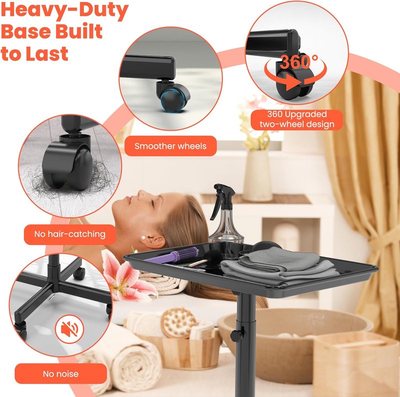 Adjustable Height Rolling Salon Tray - Mobile Trolley with 2 Magnetic Bowls & 10 Disposable Covers | 24-36 Inch, Black