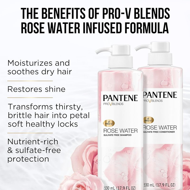 Pantene Sulfate-Free Shampoo & Conditioner Set - Rose Water Infused, Moisturizing & Soothing | 17.9 Fl Oz Each, 2 Pack