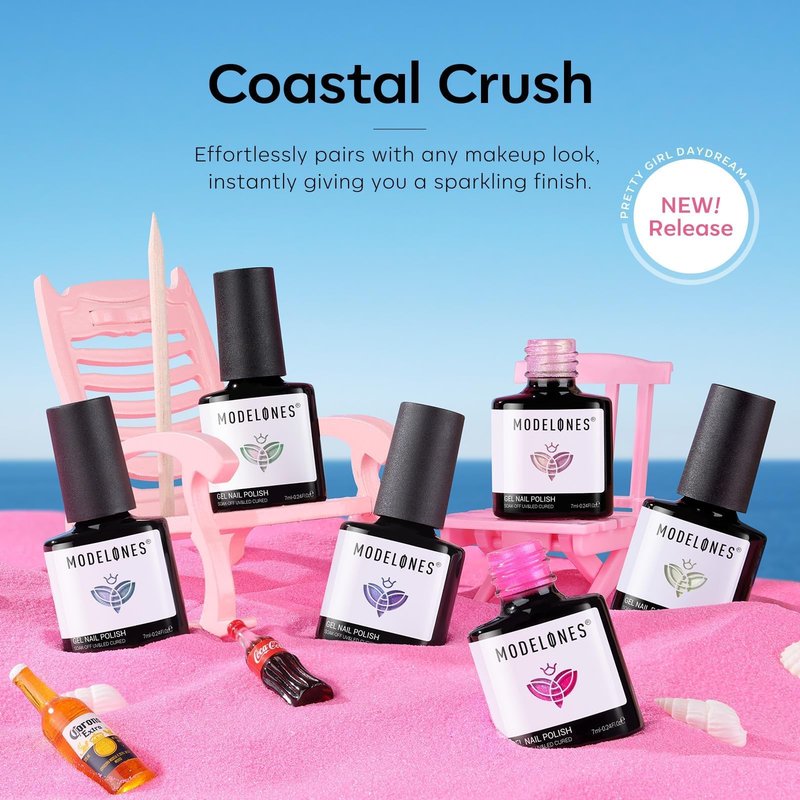 modelones Pearl Gel Nail Polish Set, 6 Colors Ocean Shimmer White Hot Pink Purple Blue Green Mermaid Glitter Gel Polish Soak Off Nail Drawing Swirl Shell Thread Effect DIY Gift