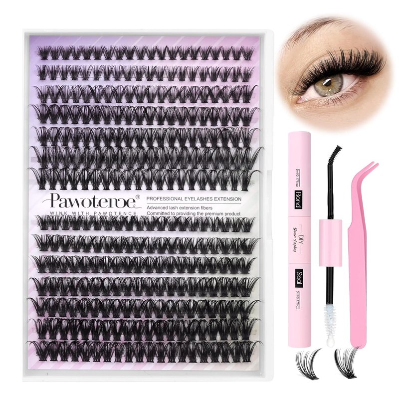 Pawotence Lash Extension Kit - Individual Lash Clusters (40D & 50D) | 8-16mm with Bond, Seal & Tweezers