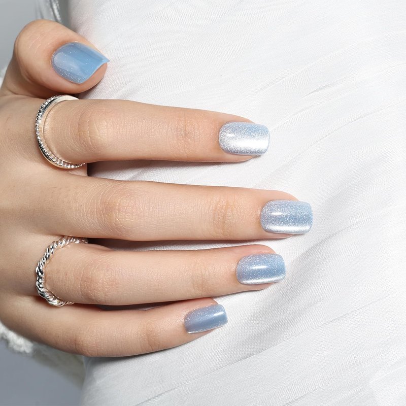 Leefrei Press On Nails, Short Square Blue Press on Nails Arctic Glazed Nails Press Ons for Women DIY Fake Nails Kit with Glue, Glossy Reusable Glue on Nails Short in 15 Sizes - 30pcs, Arctic Glaze