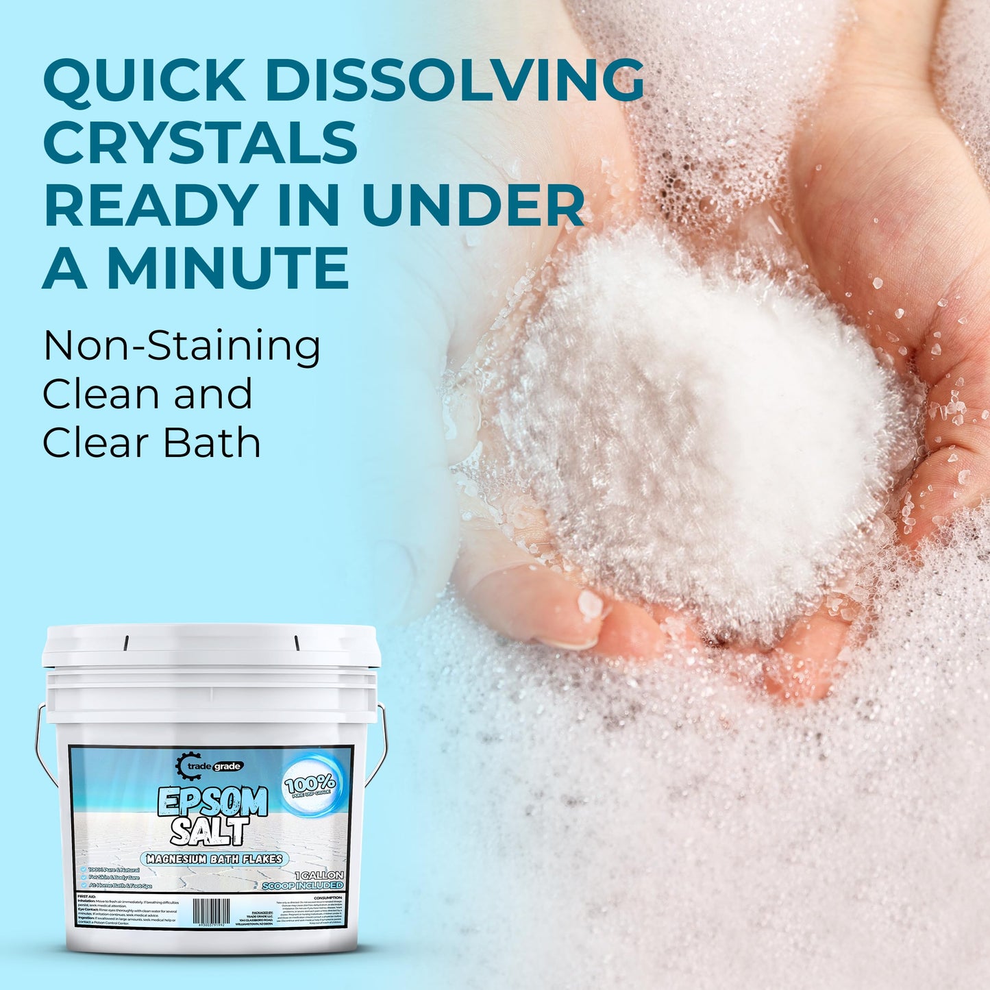 TradeGrade Epsom Salt Bath Soak 1 Gallon Bucket – Unscented, Pure Epsom Salt Bulk Crystals, Magnesium Sulfate for Full Body or Foot Soaks, Resealable Container for Home Bath Use