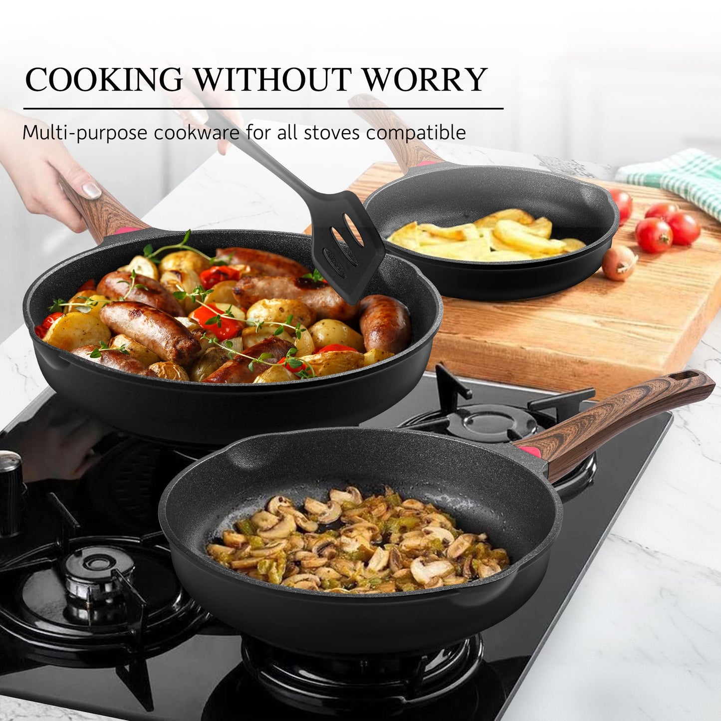 Vinchef Nonstick Frying Pan Anti Scratch,11 Inch Skillet Cast Aluminum Cookware, Induction Compatible White