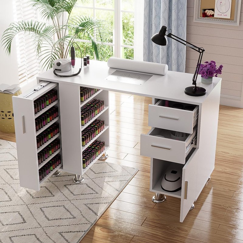 Skiennix Manicure Table - Acetone Resistant Nail Tech Desk with Dust Collector & Storage Drawers | White