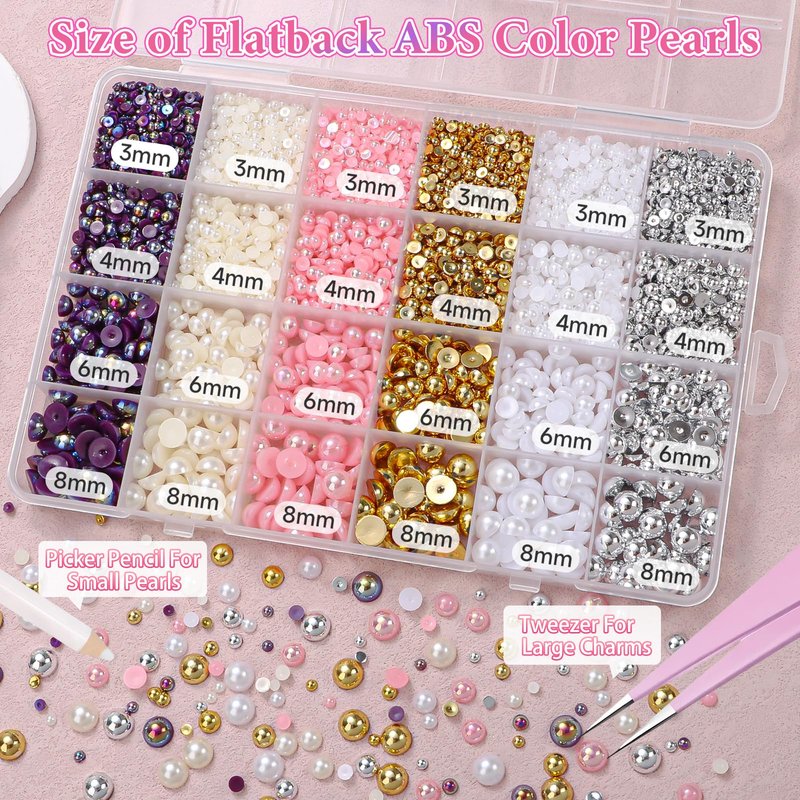 9000Pcs Flatback Pearls for Crafting, Silver Gold White Nail Half Pearls and Gems, 3-8mm Color Pink Beige Purple Half Round ABS Flatback Pearl Gems Bedazzling for Nails DIY Shoes Clothes Bags