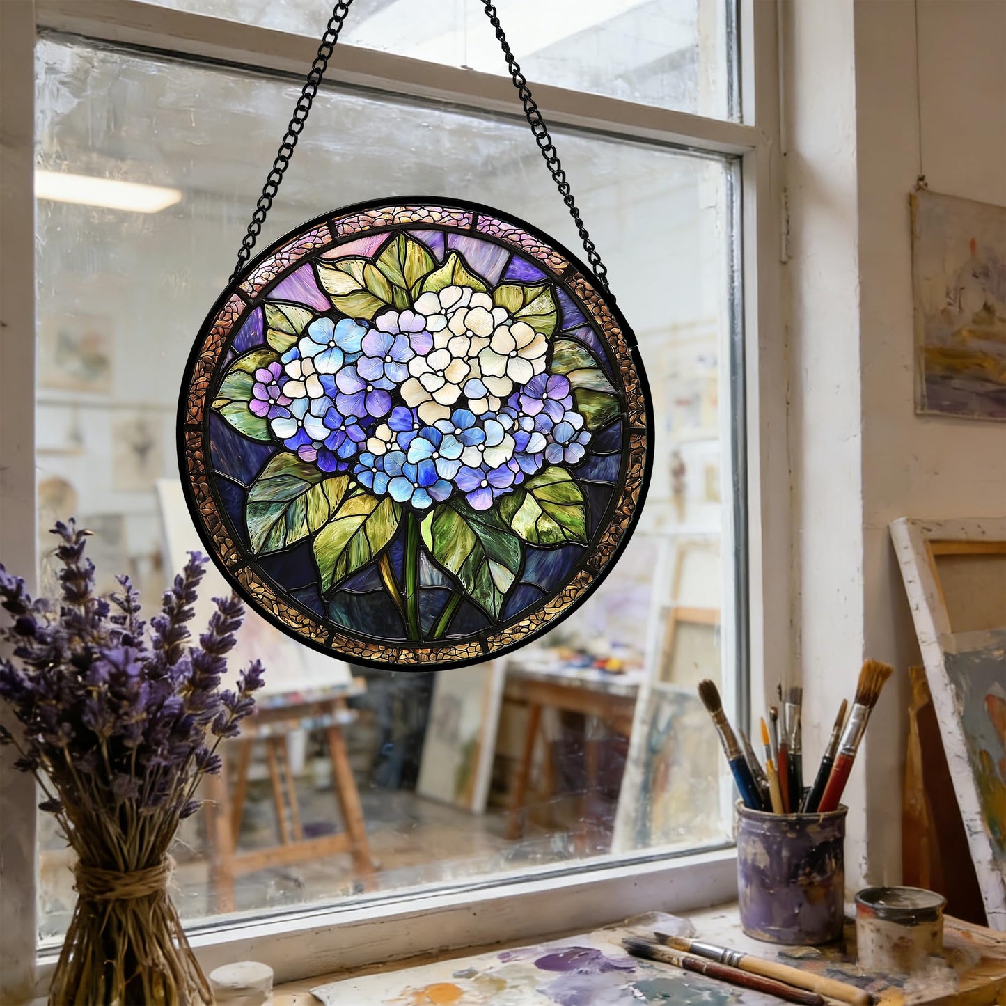 DASTOLL Stained Glass Window Hanging, Hydrangea Flowers Sun Catchers Diamond Glass Panel Hangings Plant Suncatcher Decor for Birthday for Women, Men, Wife, Aunt, and Mom 6.3 in