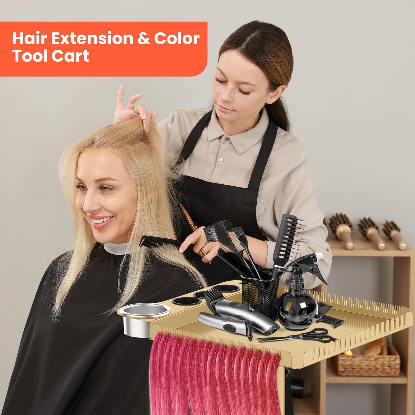 TASALON Gold Salon Tray on Wheels – Salon Rolling Tray Set with Magnetic Hair Dye Bowl, Heat-Resistant Tool Rack, Hair Extension Holder for Styling, Rolling Tool Cart & Hair Salon Station Organizer