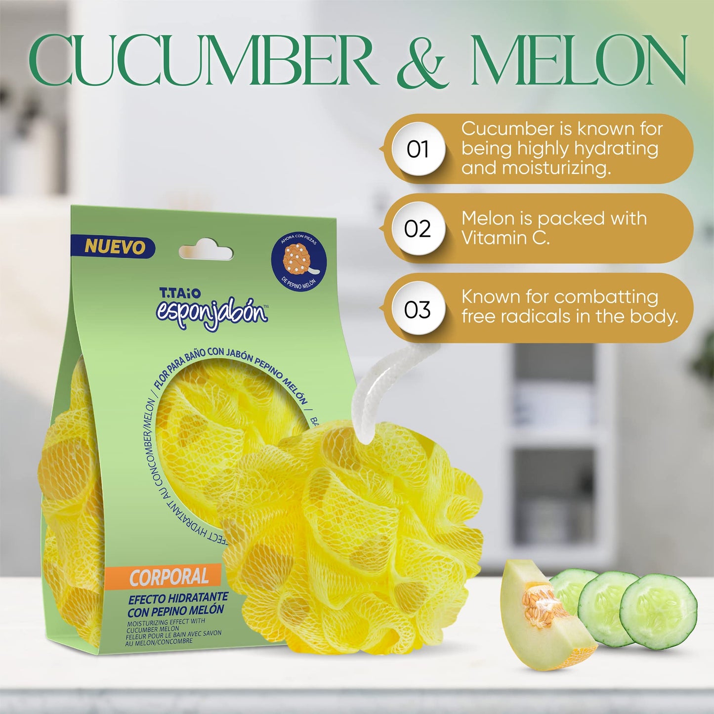 T.Taio Esponjabon Shower Bath Puff Soap Sponge - Loofah Luffa Loufa Body Wash Ball - Mesh Pouf Scrubber for Full Cleanse Lather Skin Care - Beauty Bathroom Accessories - Cucumber & Melon Soap