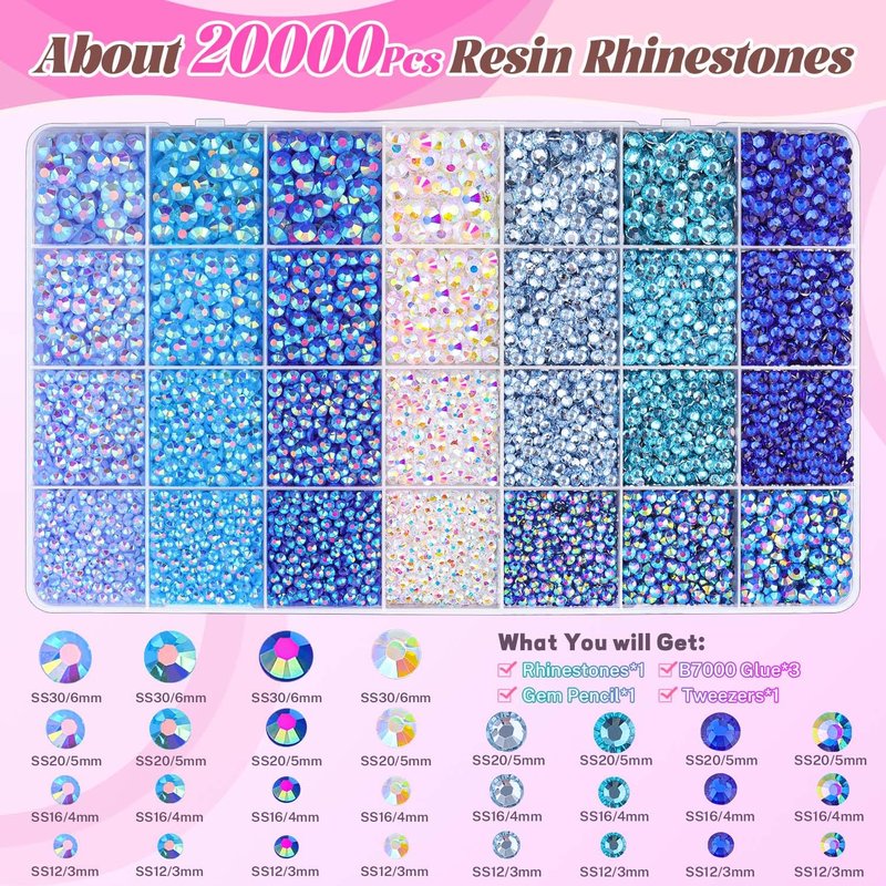 20000Pcs Blue Rhinestones for Bedazzling Kit with 3Pcs B7000 Jewelry Glue, Resin Rhinestones for Crafting Crafts，Bedazzler Kit Flatback Gems for Clothing Shoes Tumblers Nail Art