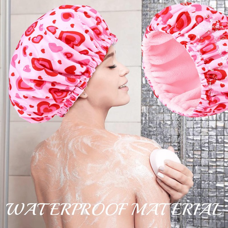 Shower Cap for Women Terry Lined Bath Cap Large Reusable Waterproof Elastic Band Pink Love Shower Caps for Long Thick Hair Soft Bath Shower Hair Caps