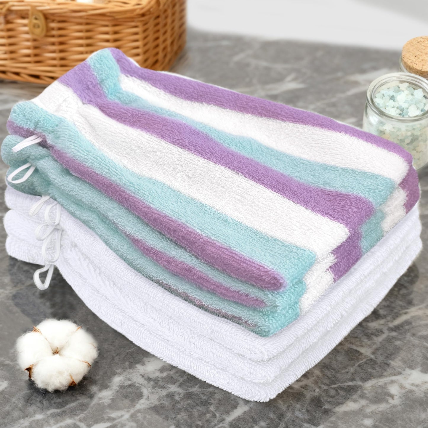 VOOVA & MOVAS Kids Bath Mitts 6-Pack, 100% Cotton Soft Absorbent Wash Cloths with Hanging Loop, 8.3x6.3 Inch European Style Bath Mitt for Toddler Shower, Purple Aqua Stripe & White