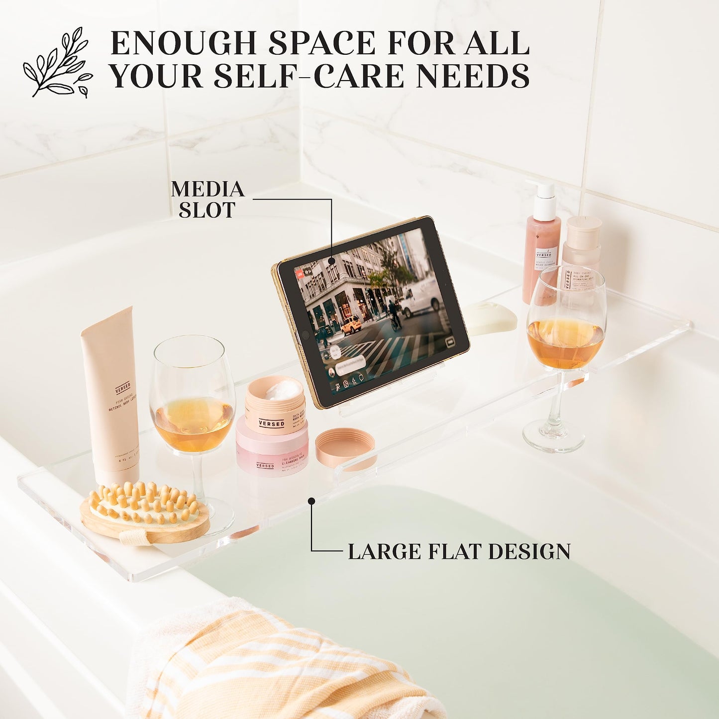 Rebecca Luxurious Bath 34" Supreme Plus- Luxury Bathtub Tray Caddy- 3/8" Thick, Clear Bath Tub Tray Table for 1 or 2 Bathers, Acrylic Bathtub Caddy, iPad and 2 Wine Glass Holders (Supreme Plus, 34")