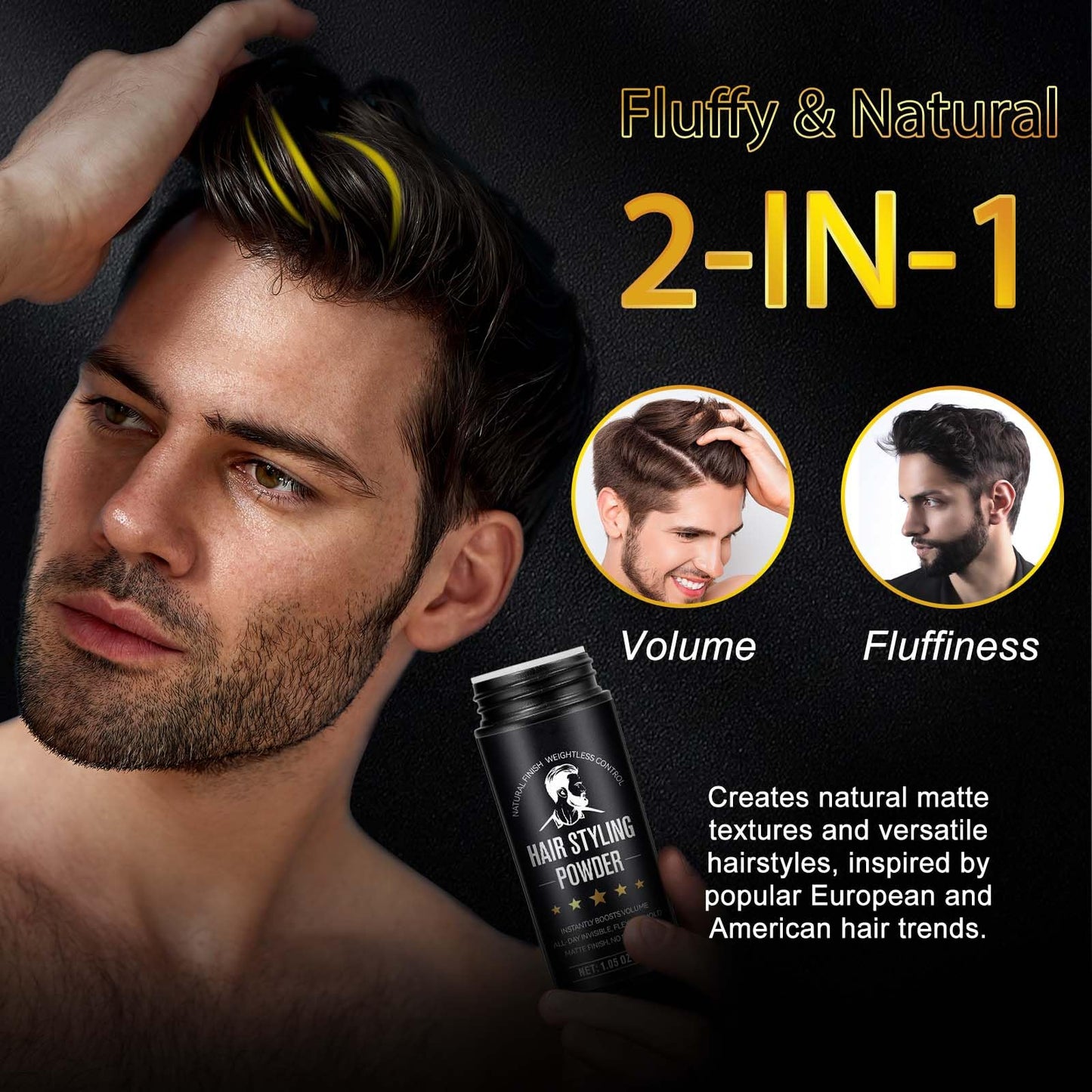 ZIXAOK Hair Styling Powder for Men - Volumizing & Texturizing Powder with 24H Strong Hold, Matte Finish for Fine, Thin, Flat Hair, Adds Invisible Volume & Thickness, Non-Sticky Formula, 1.05oz