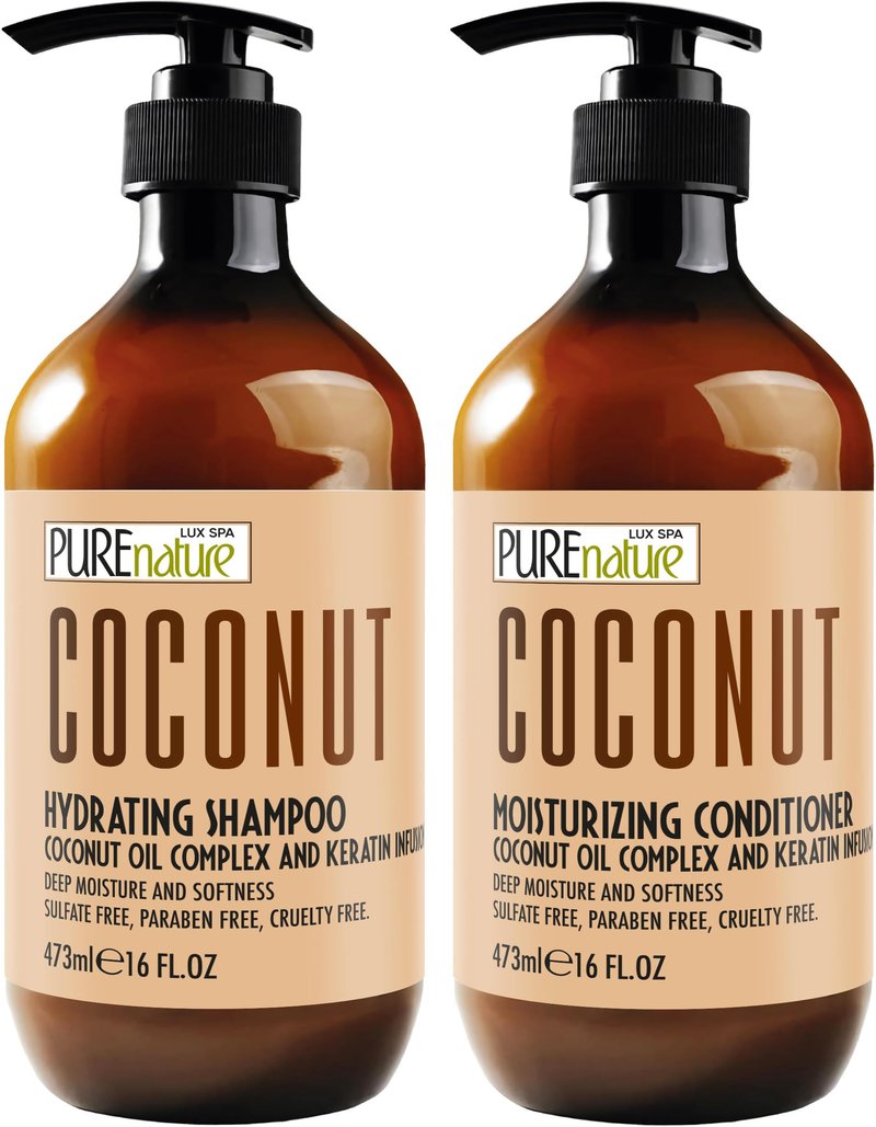 Coconut Shampoo and Conditioner Set - Sulfate Free - Deep Hydrating and Smoothing for Dry, Frizzy, Damaged Hair - Moisturizing, Shiny, Anti Frizz Salon Products for Women and Men - 16 Fl Oz (Set of 2)