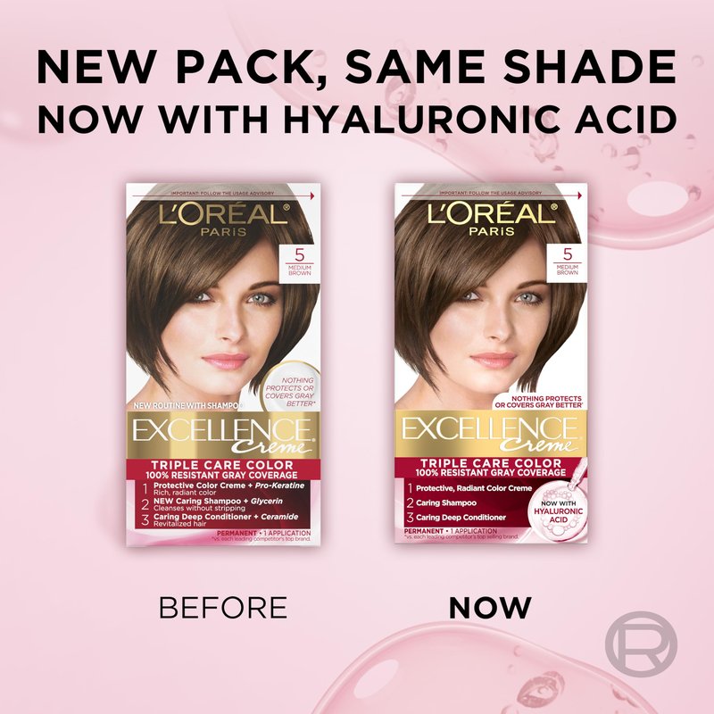 L'Oreal Paris Excellence Crème Permanent Hair Dye, Triple Care Hair Color with Hyaluronic Acid for 100% Gray Coverage, 5 Medium Brown, 1 Kit (Pack of 2) (Packaging May Vary)