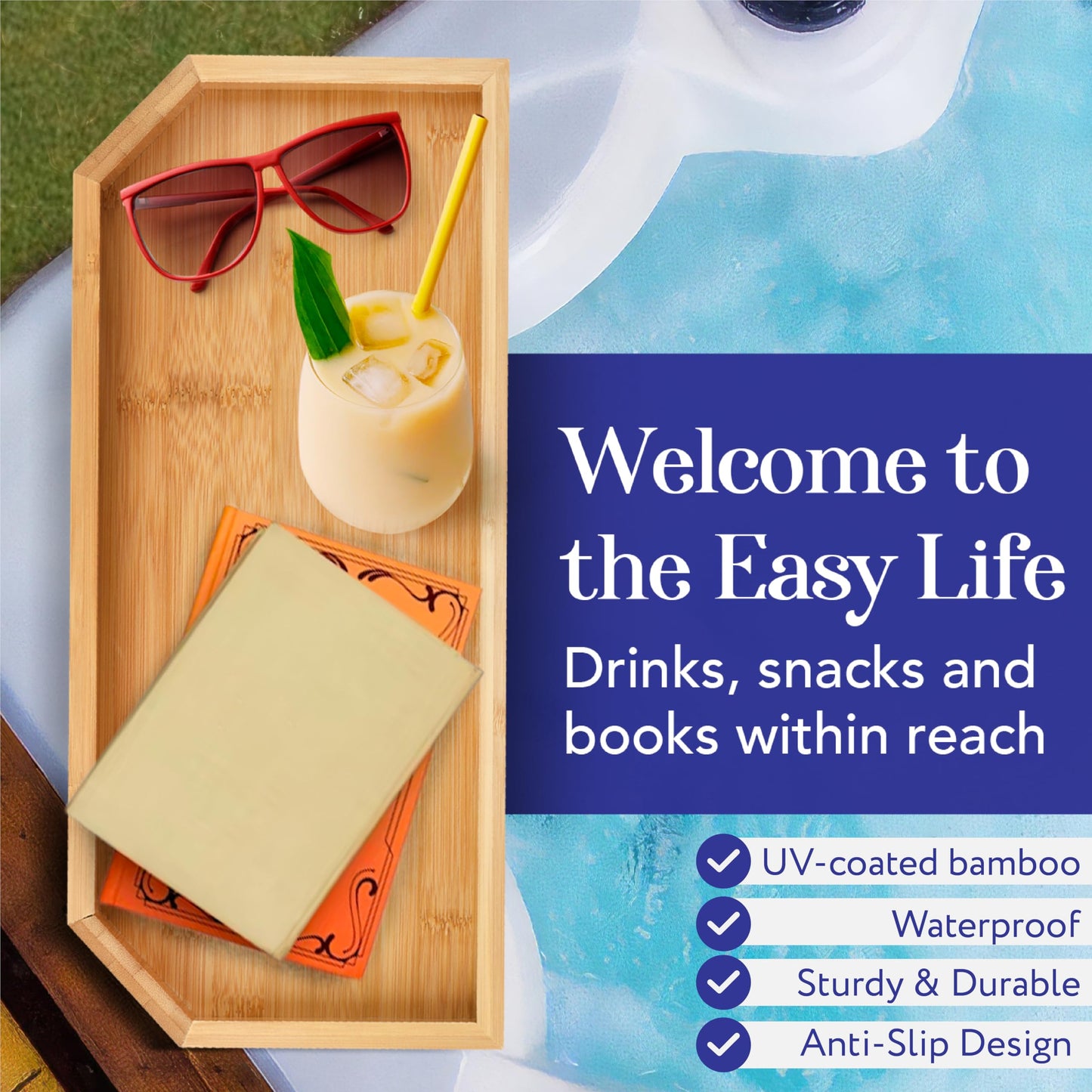 IMPRESA Bamboo Hot Tub Tray Table - 17" x 7.5", Modern Bamboo - Waterproof UV-Coated Caddy with Anti-Slip Backing for Drinks & Essentials - Hot Tub Accessories - Outdoor Spa Drink Table & Bathtub Tray