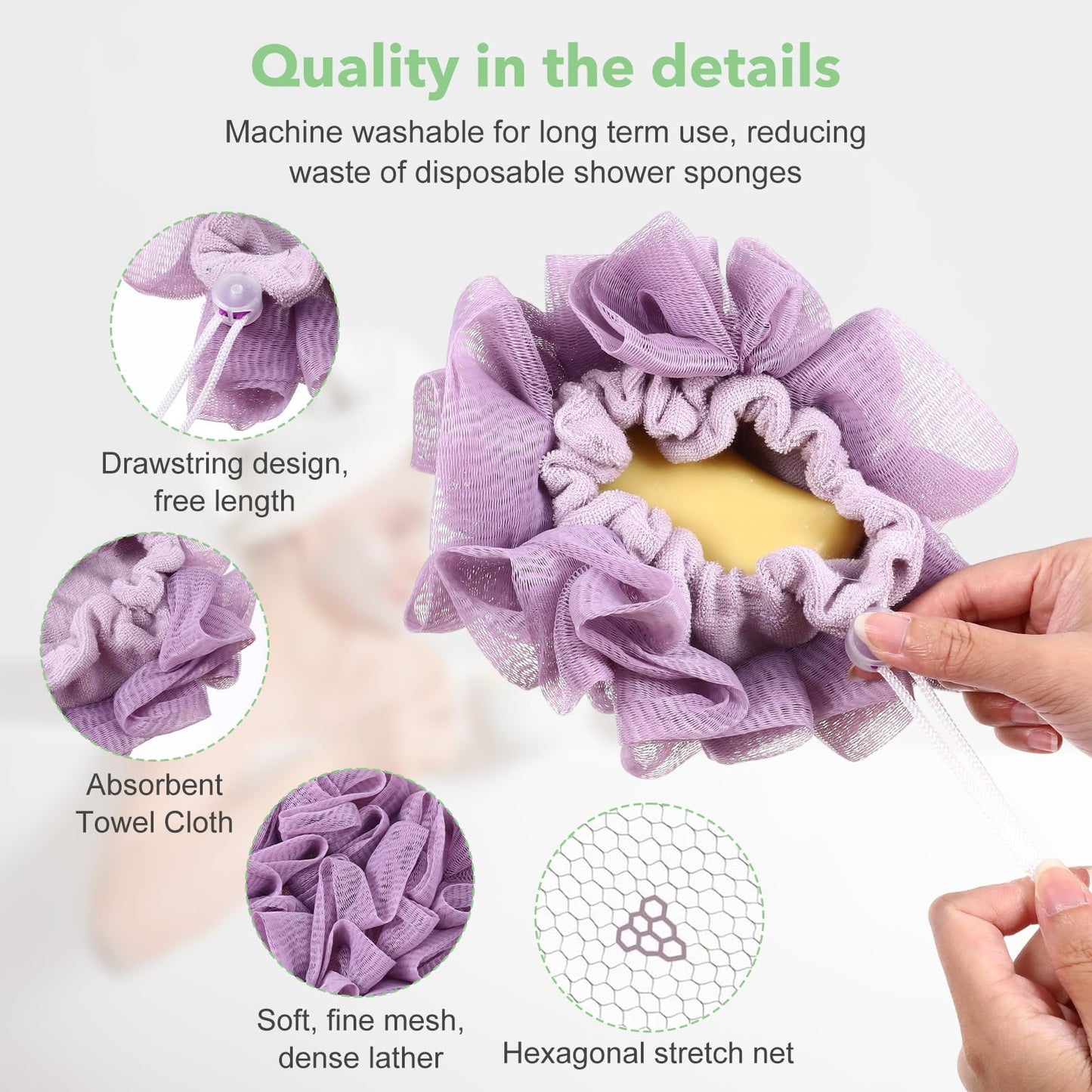 WJIAAA Loofah Washcloth Combo, 3 Pack 2-in-1 Exfoliating Shower Pouf Soap Pocket Drawstring Exfoliation Mesh Ball Hold Bar Soap Loofah Washcloth Body Wash Cleansing Smooth Skin(Green+Purple+Khaki)