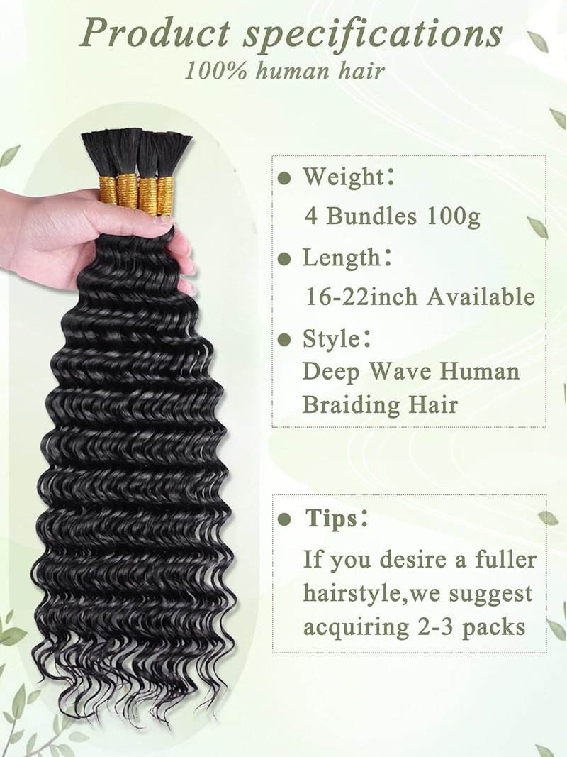 KULYMUWIG Human Braiding Hair for Boho Braids 18 Inch 100 g 4 Bundles Deep Wave Bulk Human Hair for Braiding No Weft 10A Curly Human Hair Extensions for Braids Wet and Wavy Braid
