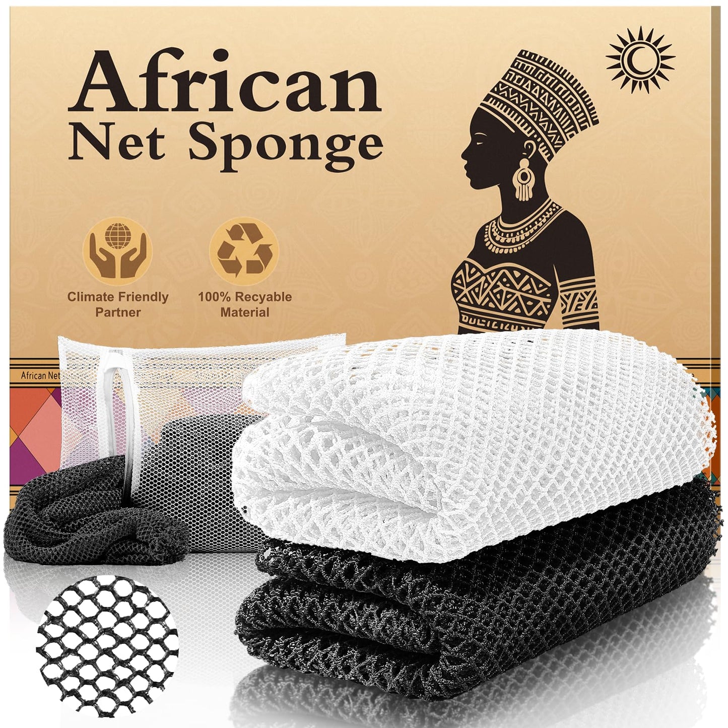 SpiralScgv 2-Pack African Net Sponge - Exfoliating Scrubber for Face & Body Shower, Travel-Ready, Durable, Gentle Exfoliation for Sensitive Skin(Black,White)