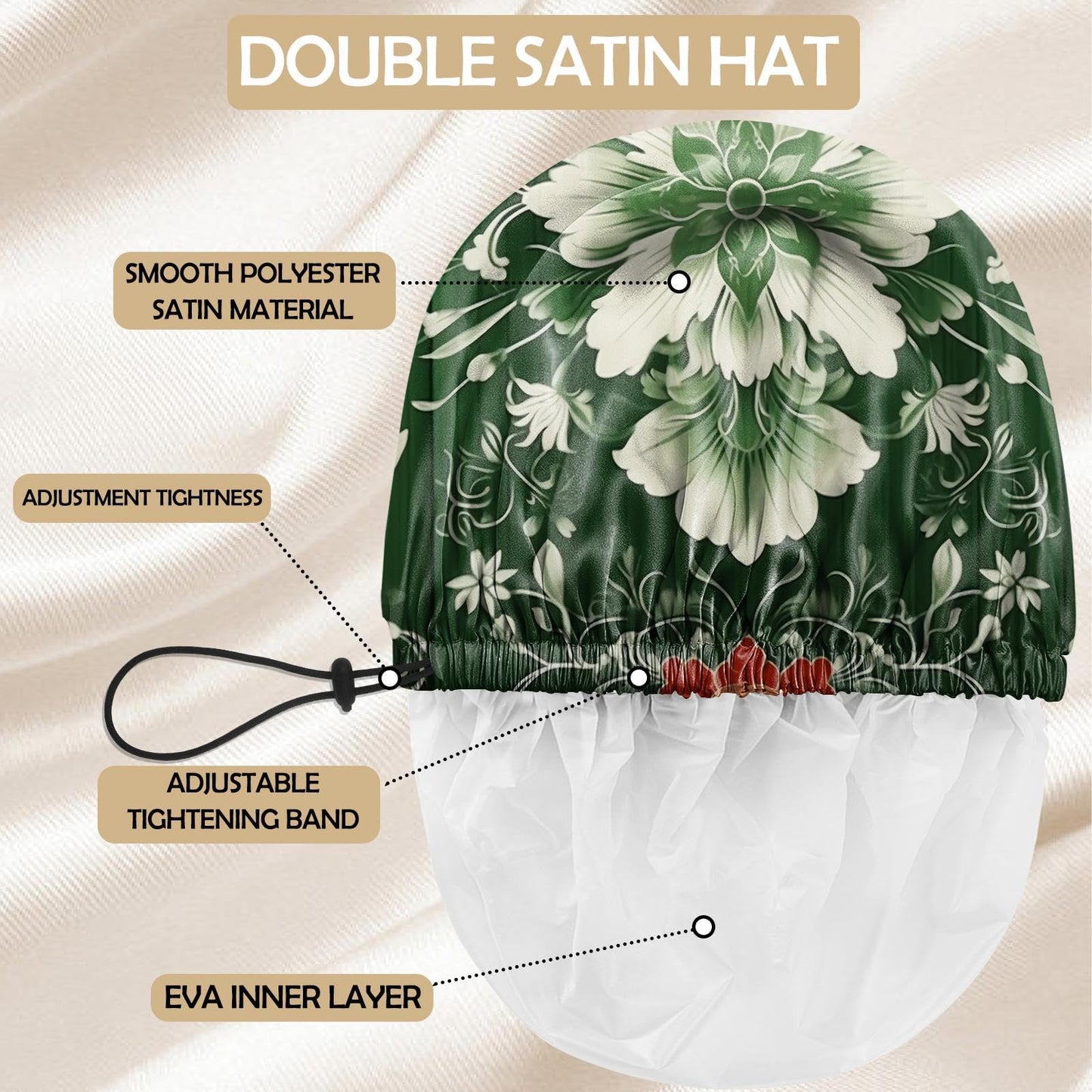 Zewurtuw Shower Cap Adjustable Waterproof Double Layer Elastic Reusable Hair Bath Cap Cute Aesthetic for Women Girls-Green Flower