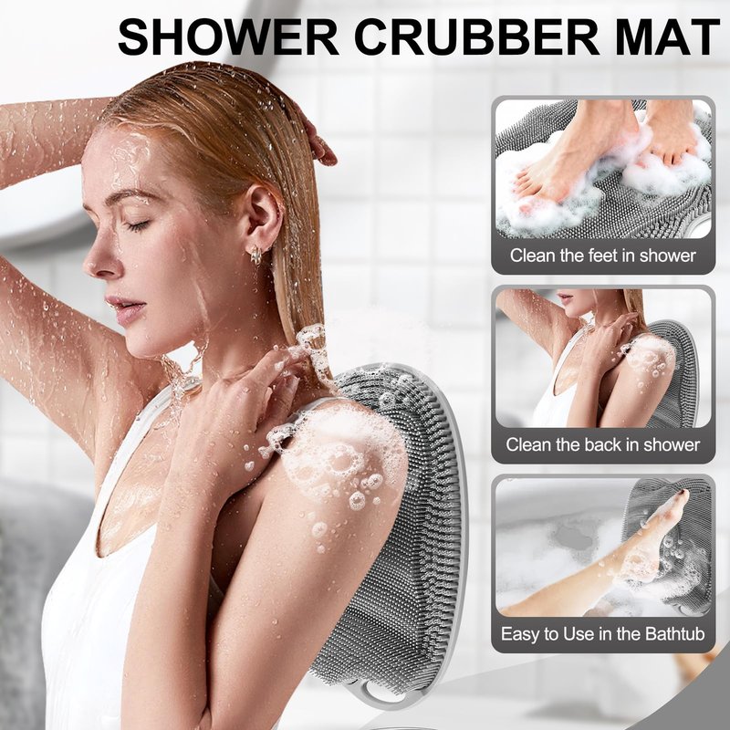 EaTubano Bath Shower Foot Scrubber Mat - Silicone Shower Foot Scrubber Mat (XL) Cleaner Foot Toes Clean Pad Without Bending Non-Slip Suction Cups Bathroom mat 17.2 * 13 inch - Grey