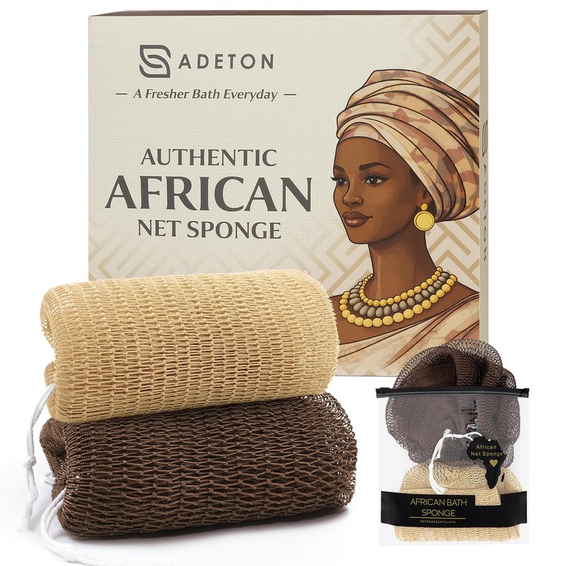 ADETON African Net Sponge Authentic with Knots, 2 Pieces Exfoliating Body Scrubber, Sapo Bath Sponge, Nylon Loofah Washcloth, Back Scrub for Shower, Body Exfoliator, Skin Care Bathroom Essentials.