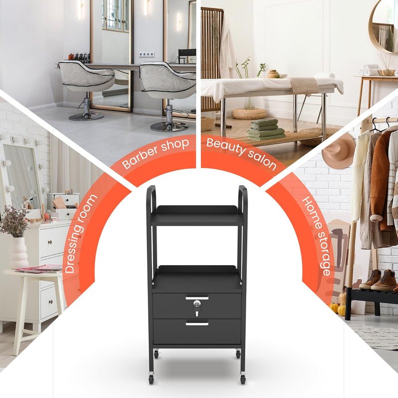 Metal Salon Trolley Cart with Wheels - 4-Tier Rolling Tray Organizer for Hair Stylists & Estheticians | Lockable Drawers & Durable Design