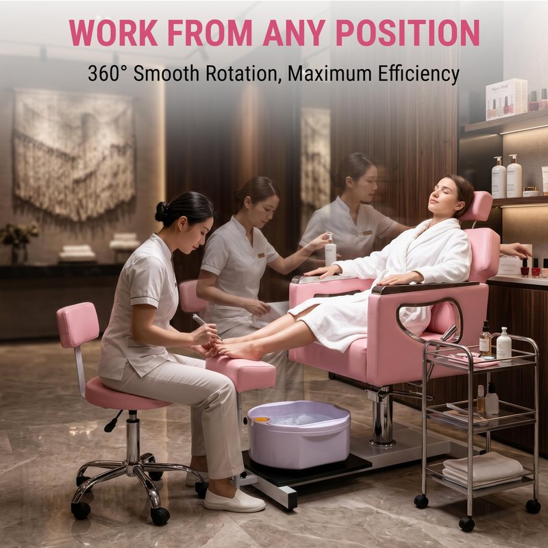 IJIALIFE Pedicure Chair w/Foot Spa Basin, Adjustable Salon Chair w/ 360° Swivel & Reclining Backrest, Nail Tech Station with Stool & Footrest, Heavy Duty Spa Chair for Home Salon (Pink)