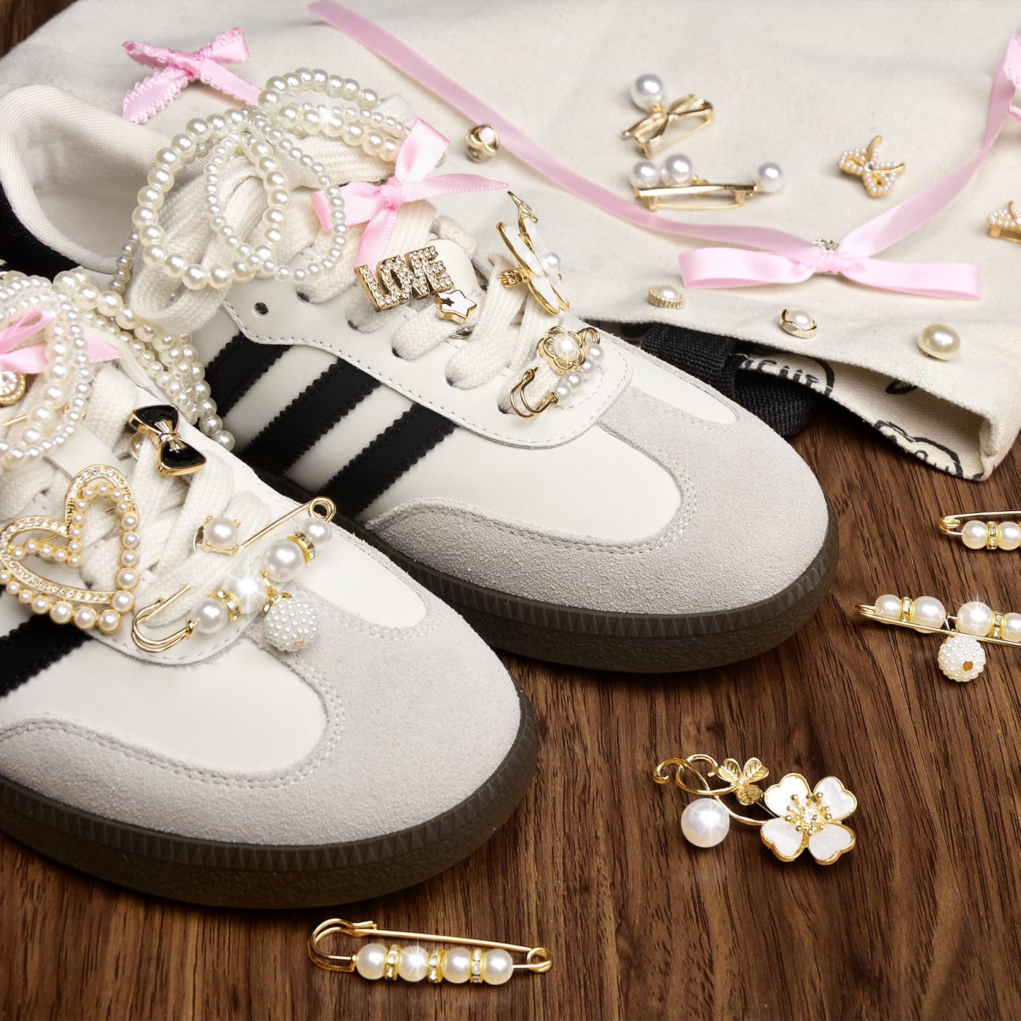 yuboo 39pcs Shoe Charms for Sneakers- Junk Socks Charms Kit Contain Brooches/Pink Bows/Clips/Jewelry, Pearl Charm Accessories for Girls/Women/Mom Clothes Bag Hat