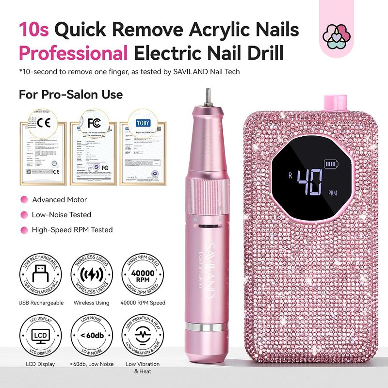 SAVILAND Professional Nail Drill 40000 RPM: Portable Electric Nail Drill Kit File Machine with Ceramic Nail Bit Sanding Bands for Quick Acrylic Removal Manicure Salon Home Use, Pink Diamond