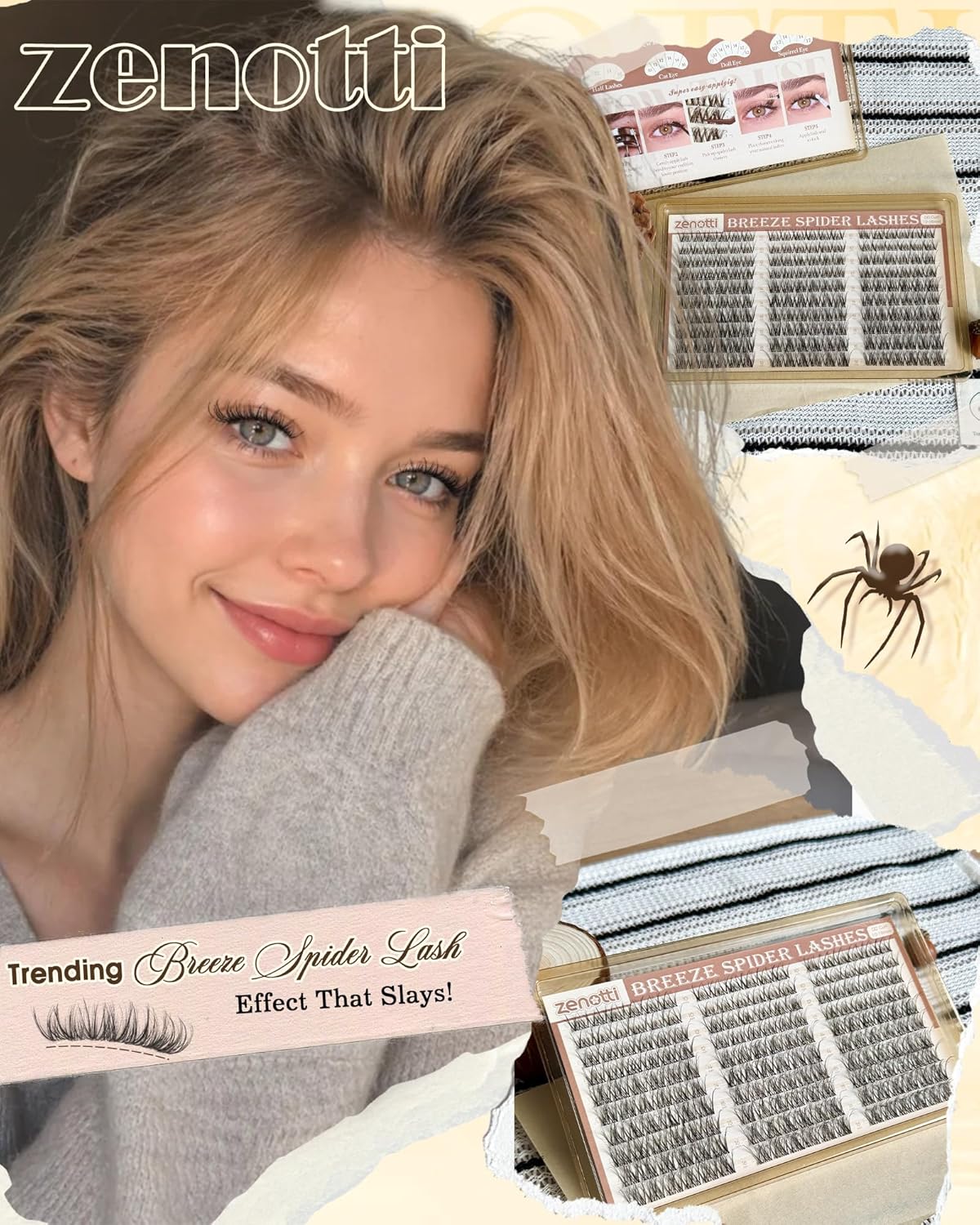 Spider Breeze Lash Clusters - DD Curl 180PCS Natural Wispy Eyelash Extensions | Kim K Style with Invisible Band