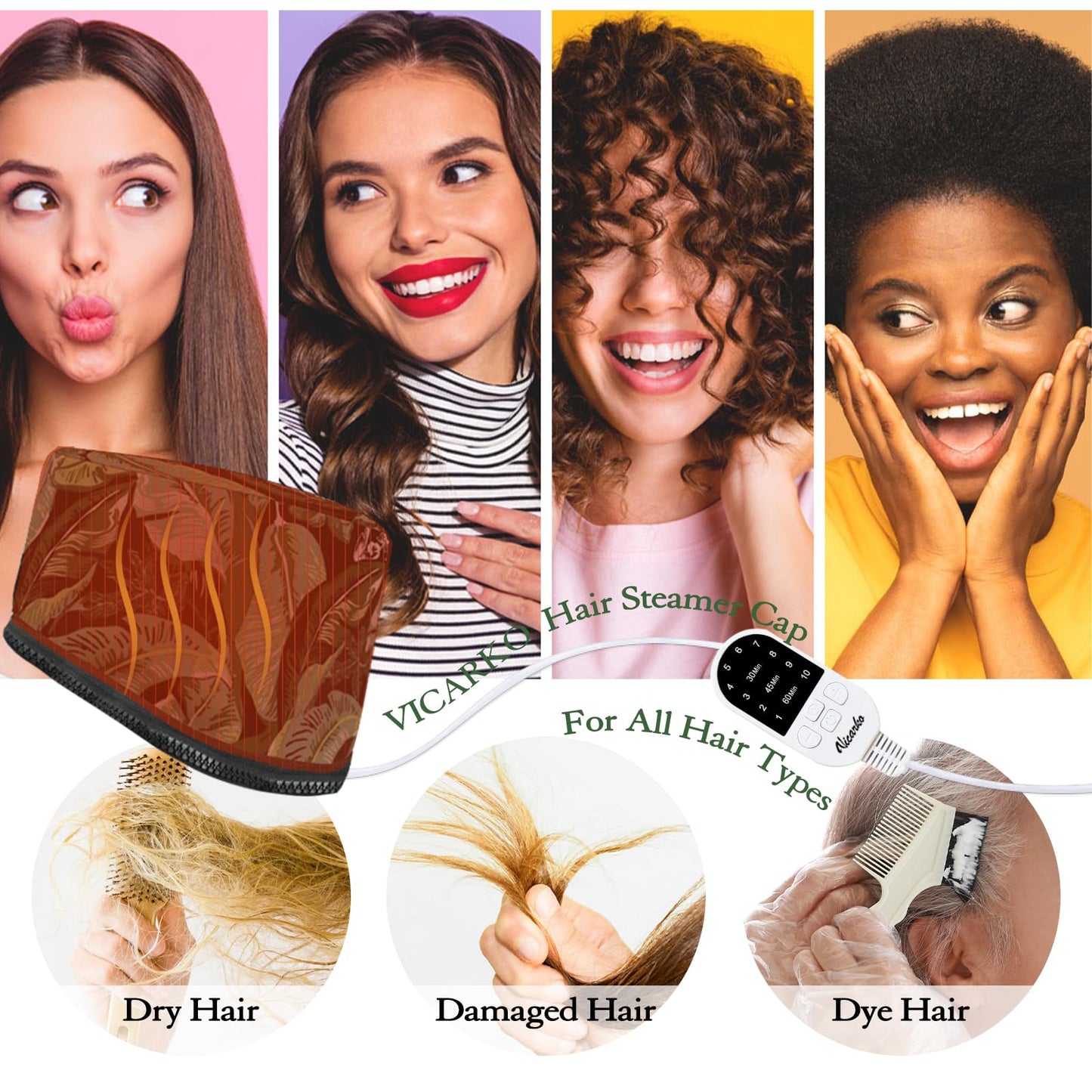 VICARKO Hair Steamer for Deep Conditioning, 10-Level Heats Up Quickly, 118” Power Cord, Heating Cap Hot Oil Treatment Heat, Electric Thermal Heated Steam for Natural Black Hair, Leaf Print