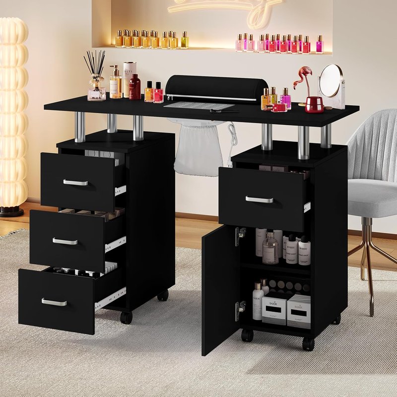 Nail Desk for Nail Tech | Manicure Table with Dust Collector & Hand Rest - Black, Storage Cabinets & Lockable Wheels
