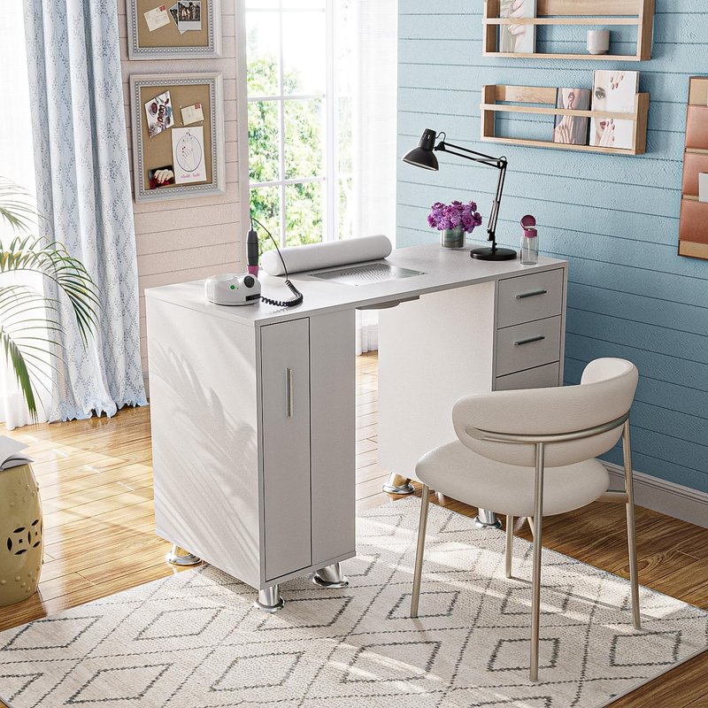 Skiennix Manicure Table - Acetone Resistant Nail Tech Desk with Dust Collector & Storage Drawers | White