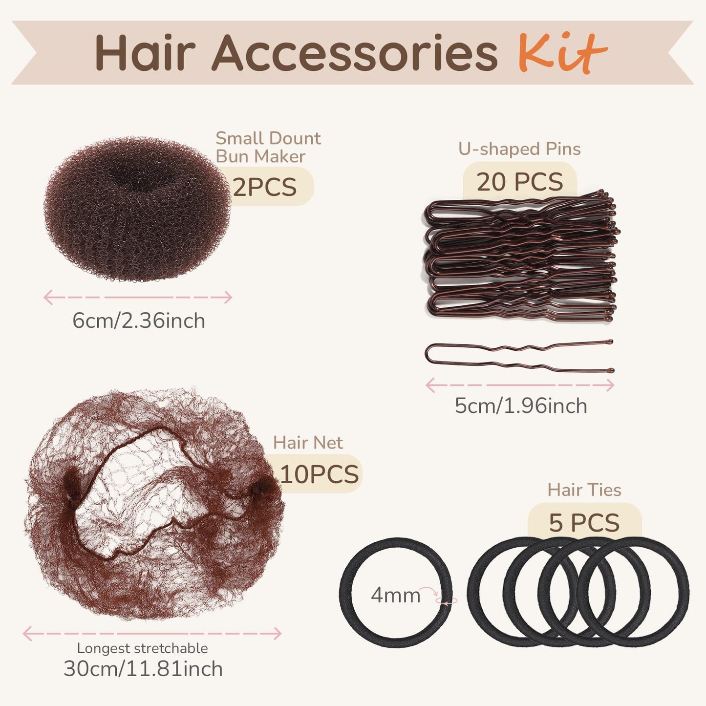 Teenitor Hair Net and Small Donut Bun Maker for Kids, 10 Pcs 30cm Invisible Hair Nets, 2 Pcs Hair Bun Maker with U Shaped Bobby Pins 20 Pcs and 5 Elastic Bands, Ballet Bun Kit For Kids, Dark Brown