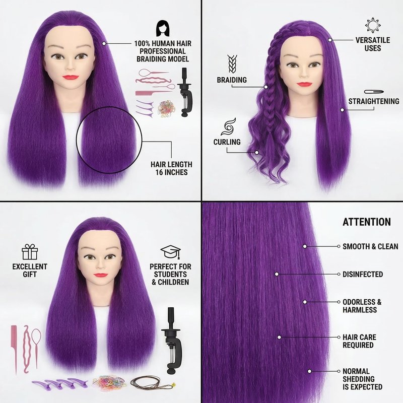 100% Real Hair Mannequin Head Training Head Manikin Cosmetology Doll Head for Hairdresser Practice Braiding Hair Styling with Clamp stand (18-inch)