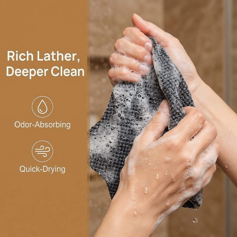 Blussal Exfoliating Shower Towel, Premium Scrub Wash Cloth for Body Face, 2-in-1 Deep Exfoliatings Towels-Body Scrubber with 2 Sides for All Skin Types Woman and Men (Black)