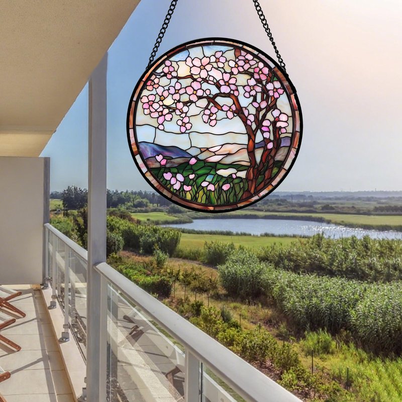 QZQCBLC Stained Glass Window Hanging Pink Cherry Blossom Tree 6.3" - Flower Suncatcher Door Terrace Garden Sun Catcher Home Decor Birthday Christmas for Mom Wife Woman Nana