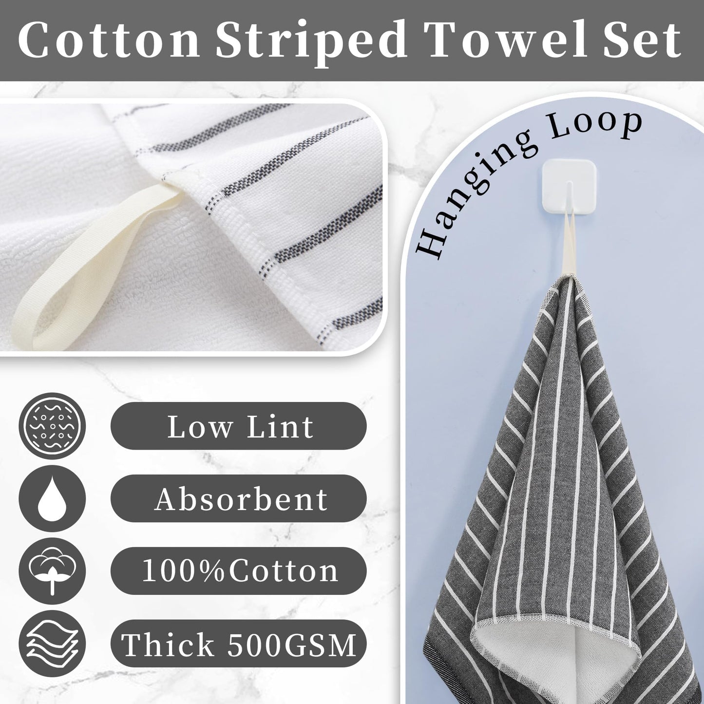 4-Pack Premium Cotton Hand Towels with Hanging Loops, 13x28 Inch – Ultra-Absorbent 450GSM Hand Towels for Bathroom, Soft Quick-Dry Face & Hand Towel Set, Durable Black & White Stripe Design