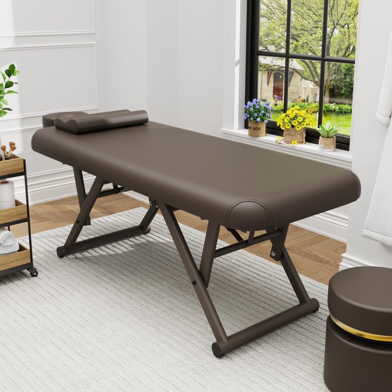 pouseayar Adjustable Massage Table with Face Pillow & Headrest, Sturdy and Solid, Silent and Easy to Adjust for Treatment Table Physical Therapy Table Spa Facial Bed - Fixed Backrest, Brown