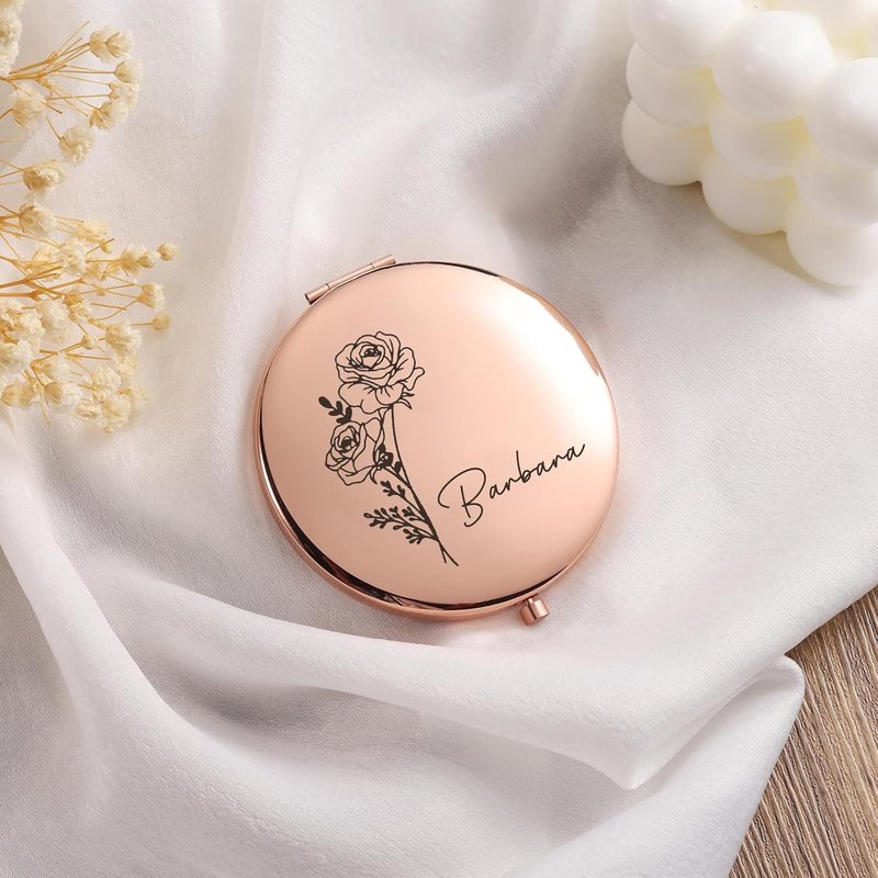 Personalized Compact Mirror for Women - Pocket Mirror for Women,Custom Birthflower Travel Makeup Mirror for Wife, Mom, Bridesmaid Gifts for Daughter Friend (Rose Gold)
