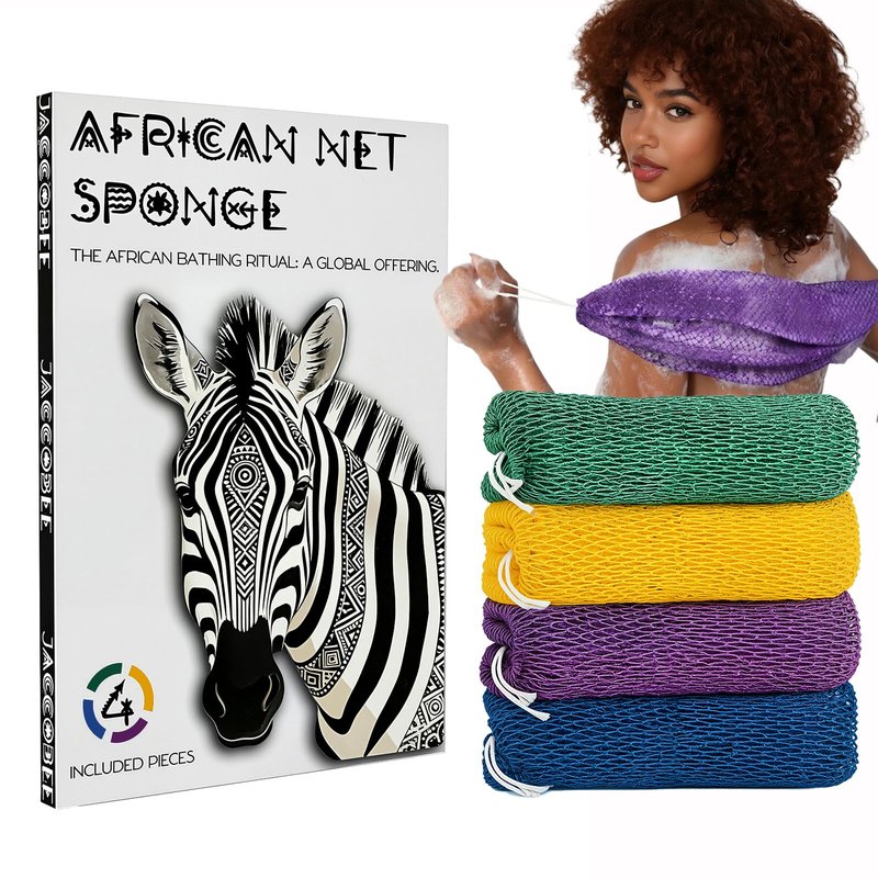 JACCOBEE African Net Sponge Authentic - 4 Pack Long Exfoliating Bath Net Sponge, Bath Loofah, Daily Back Scrubber, Suitable for All Skin Types