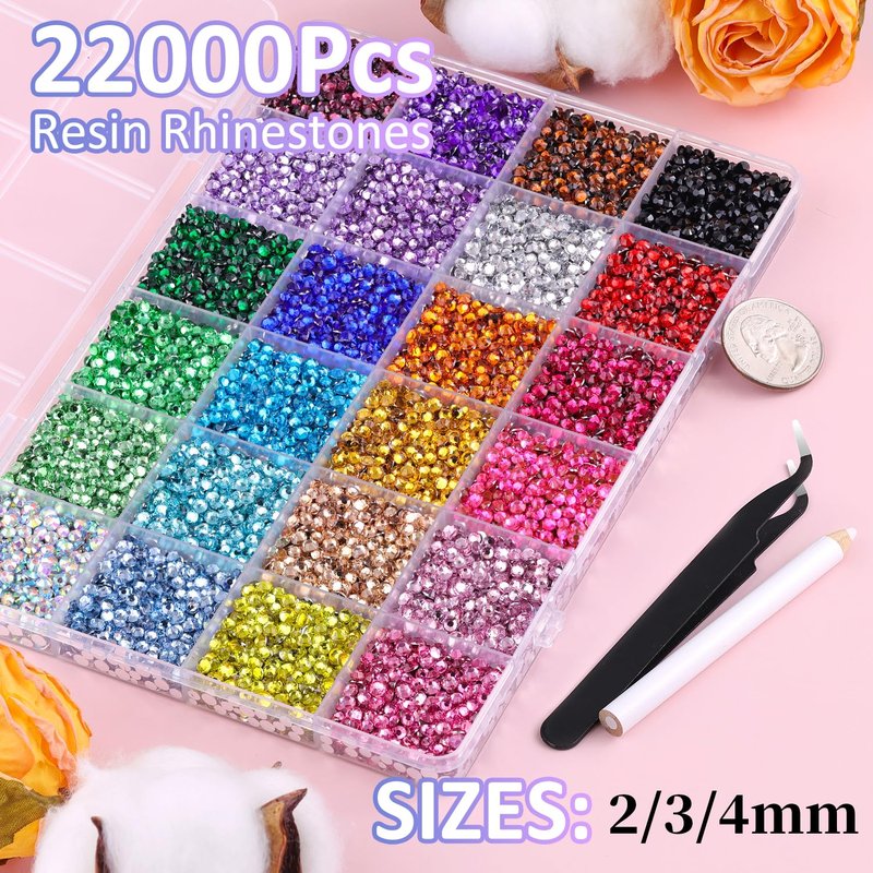Resin Rhinestones for Bedazzling - 22000 Pcs Multicolor 2/3/4mm | Includes Tweezers & 3Pcs 10ml B7000 Glue for DIY Crafts