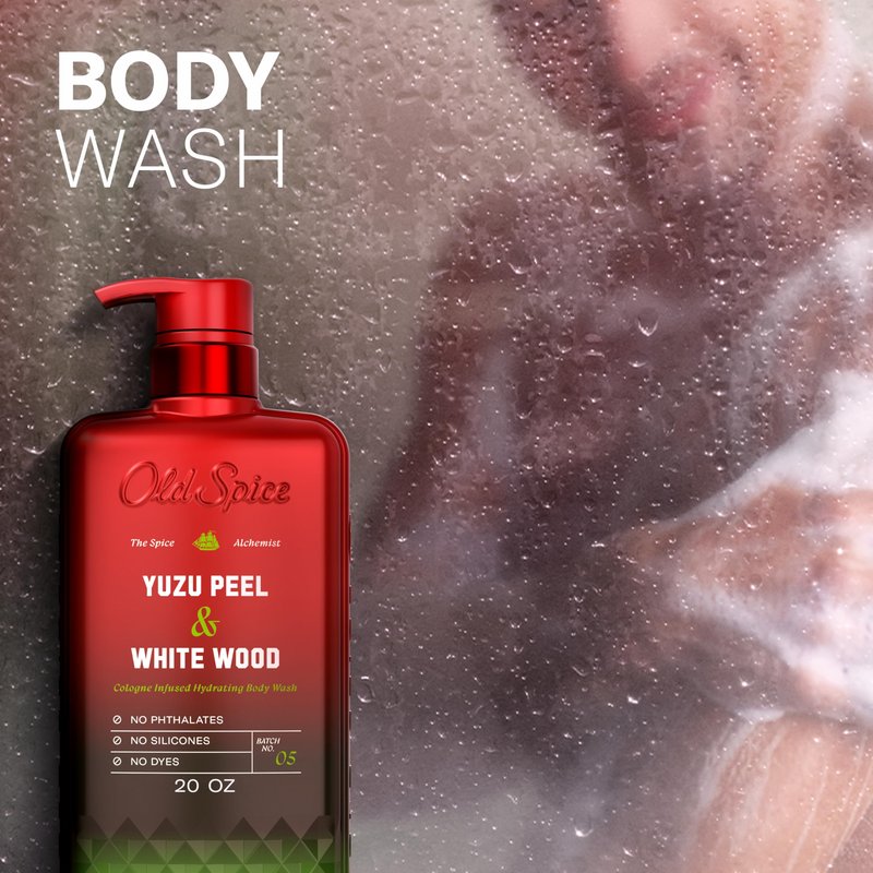 Old Spice Body Wash for Men, The Spice Alchemist Collection, 24/7 Cologne Infused Hydration, No Trade Off Formula, Free of Phthalates Silicones & Dyes, Yuzu Peel + White Wood Scent, 20 oz