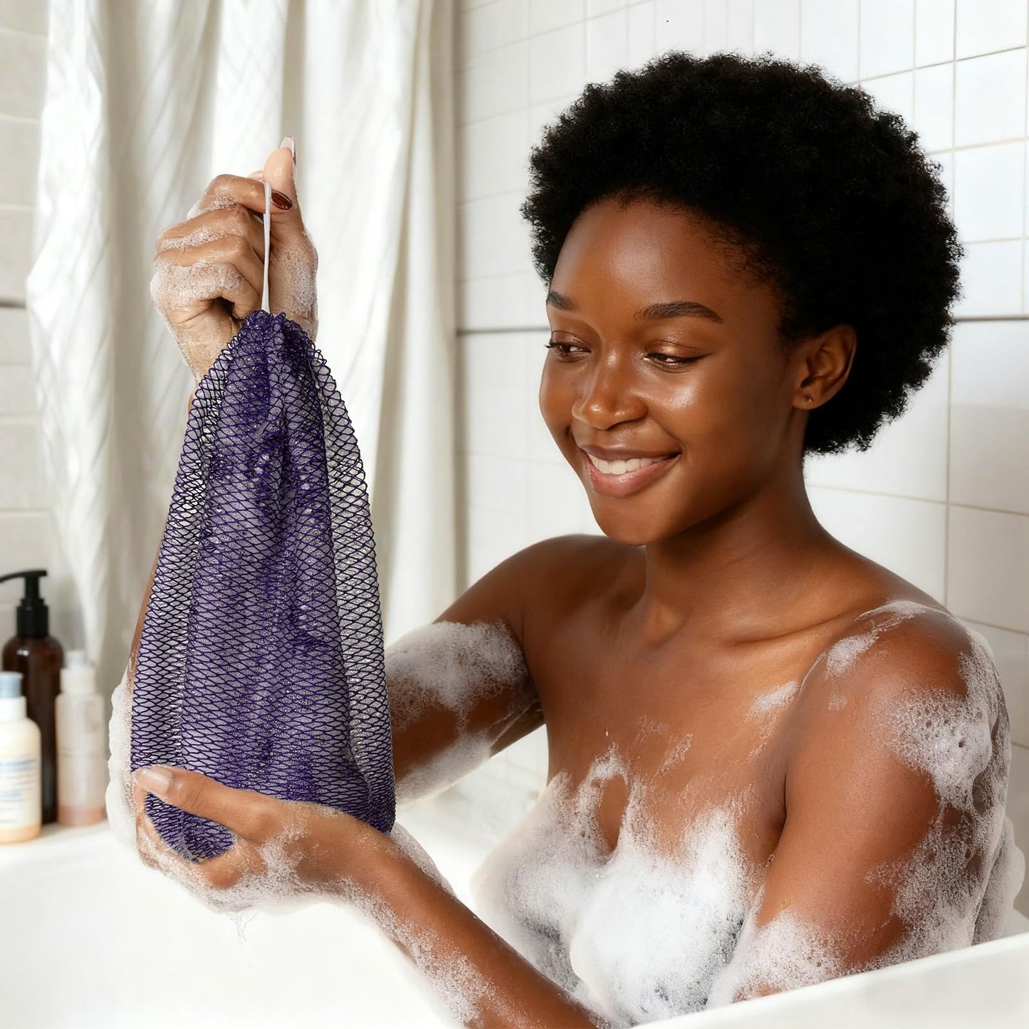 Bathway African Net Sponge Authentic with Handles (Set of 2), African Exfoliating Net Sponge, Exfoliating Body Scrubber Bath Sponge - Bathing Accessories with Storage Bag (Purple & Green)